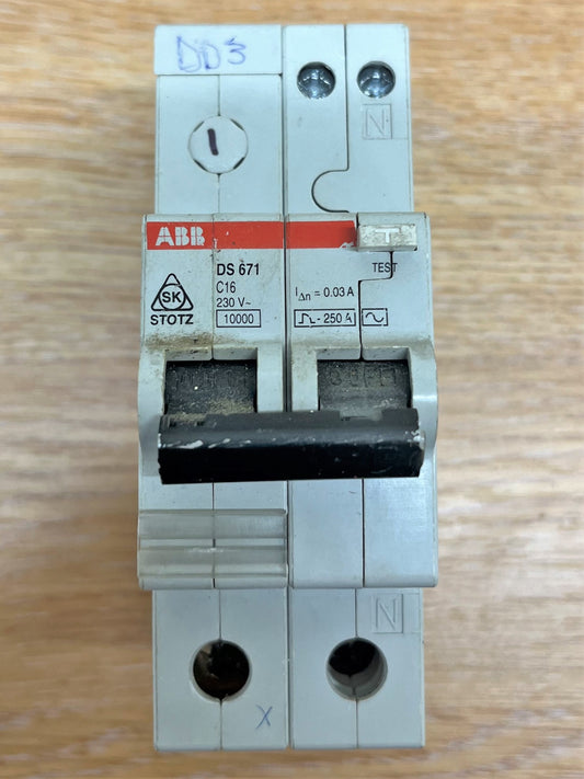ABB DS671 230V 0.03A 10KA C16 MCB/RCD DOUBLE POLE