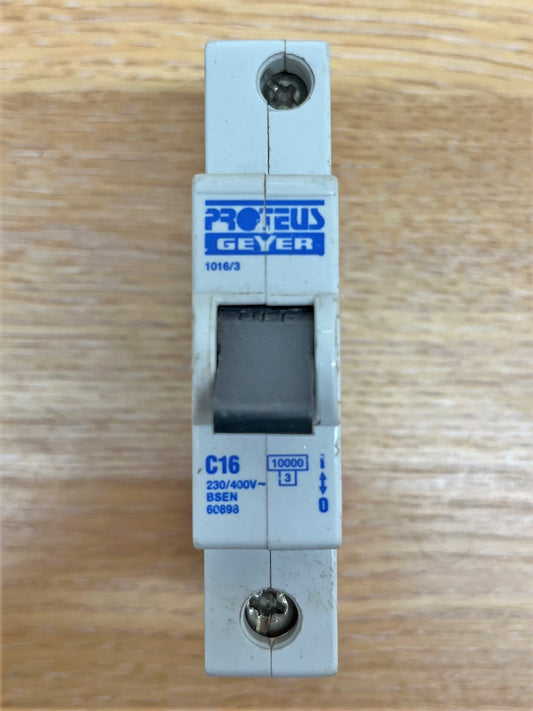 PROTEUS GEYERS 1016/3 230/400V BSEN60898 10000/3 C16 SINGLE POLE